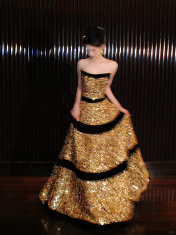 Shiny Golden Sequin Ball Gown Strapless Long Party Dress Prom Dress Formal Dress HZ1023